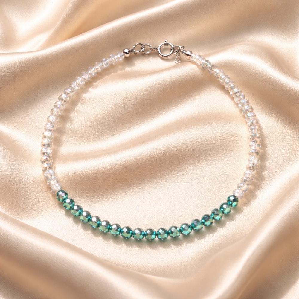 Natural Labradorite, Teal Moissanite Bracelet Solid 14k White Gold 6.9" - 7.5"